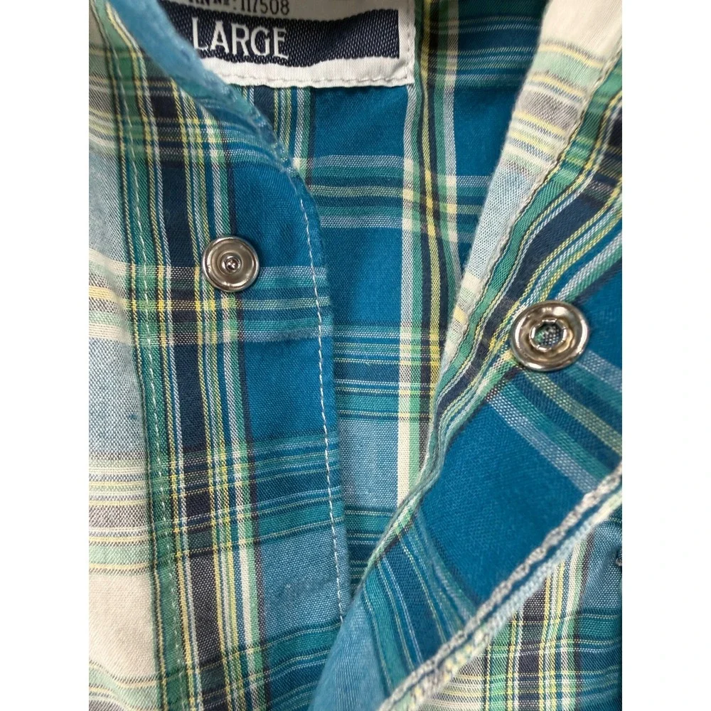 Levi's Western Shirt Mens Large Blue Green Plaid Pearl Snap‎ Short Sleeve